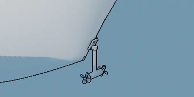 Drawing of a bolt-on thruster: a plate on the bow above the waterline, a leg down, and a crossbar with a prop at each end in the water.