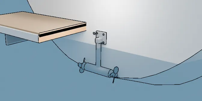 Drawing of a bolt-on thruster on the stern: a plate on the transom under the swim deck, above the waterline, a leg down, and a crossbar with a prop at each end in the water.
