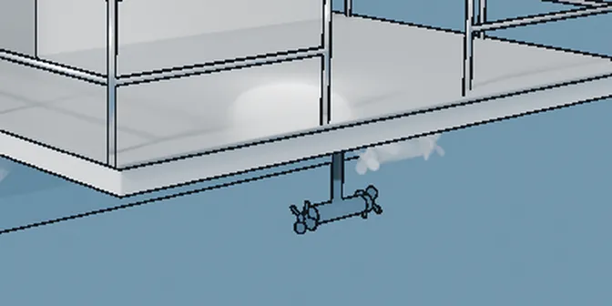 Drawing of a houseboat thruster: hung under the deck where it overhangs the float, its leg swung down so the props are in the water.