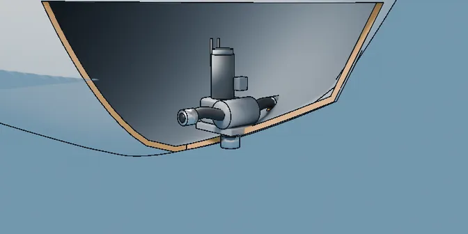 Drawing of a jet thruster: the hull cut away to show a pump inside the bow, a hose down to an intake in the bottom, and a hose out to a nozzle in each side below the waterline.
