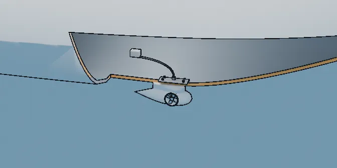 Drawing of a pod thruster under the hull: a teardrop pod on a faired collar, with a small tunnel through it.