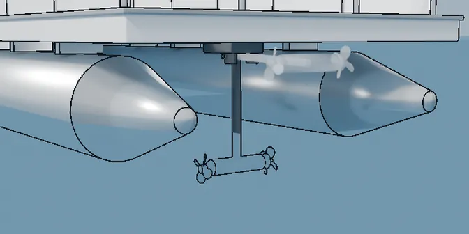 Drawing of a pontoon thruster: hung under the deck between the tubes, its leg swung down so the props are in the water.