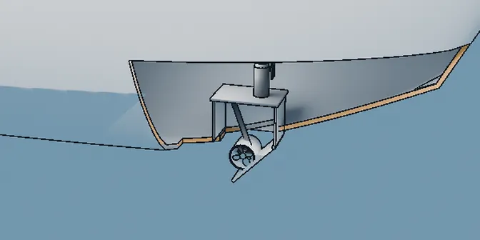 Drawing of a retractable thruster: a door in the hull bottom, hinged at its forward edge, swung down with the thruster on it.