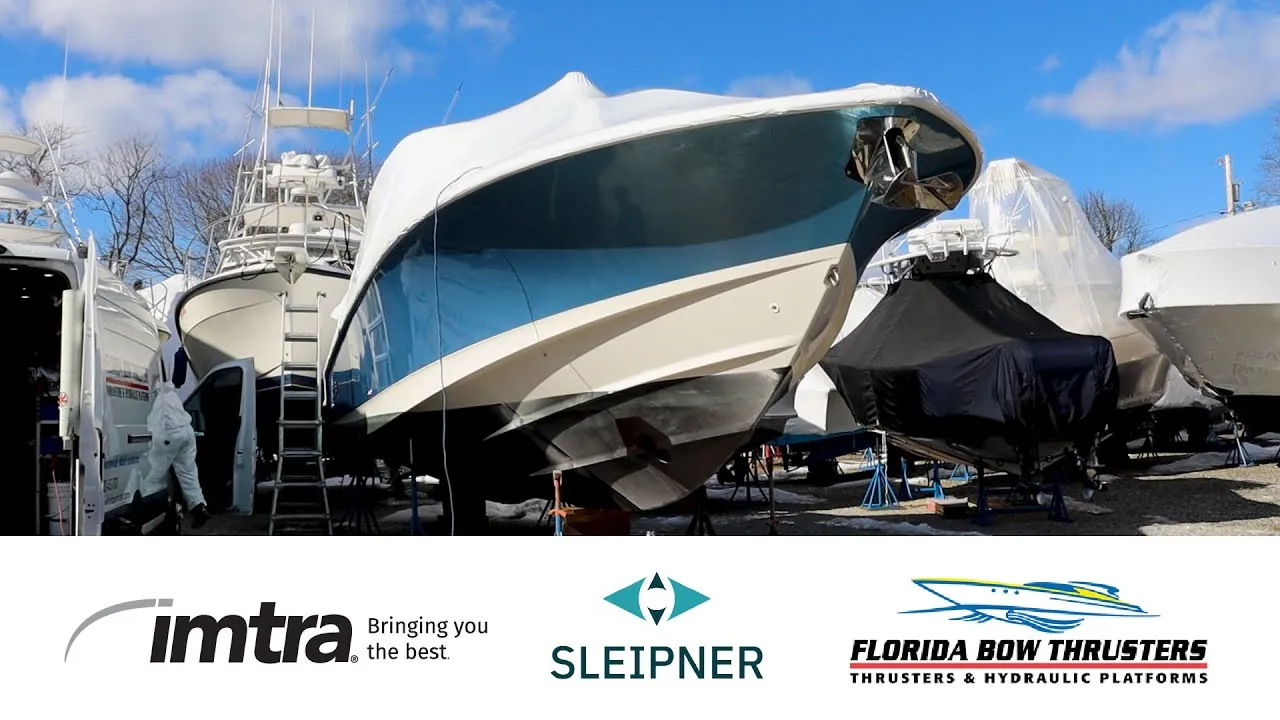 A still from Imtra: a Boston Whaler on stands in a boatyard, over the Imtra, Sleipner and Florida Bow Thrusters names.