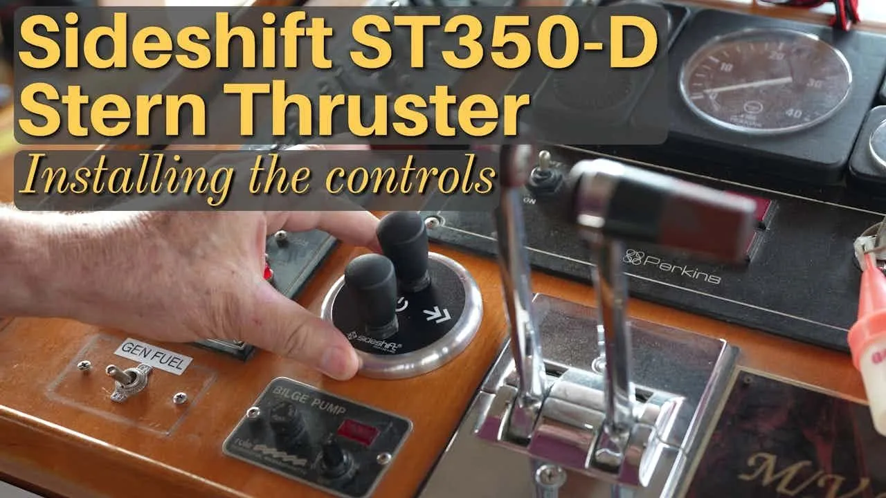 A still from Northwind to Alaska: two thruster joysticks beside the engine controls at a wooden helm, titled Sideshift ST350-D stern thruster, installing the controls.