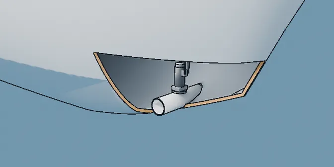 Drawing of a tunnel thruster: a tube through the bow below the waterline, the hull cut away to show the motor on top.